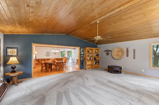 8685 79th St NW, Corinna Twp, MN 55302 - carpeted living room with lofted ceiling, ceiling fan, wooden ceiling, and a chandelier