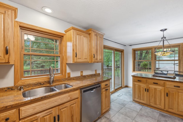 8685 79th St NW, Corinna Twp, MN 55302 - kitchen featuring stainless steel dishwasher, stone countertops, light tile patterned floors, pendant lighting, and recessed lighting