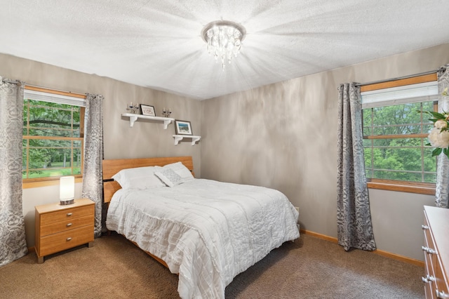 8685 79th St NW, Corinna Twp, MN 55302 - carpeted bedroom featuring multiple windows, a chandelier, and a textured ceiling