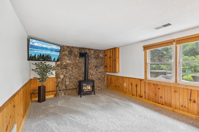 8685 79th St NW, Corinna Twp, MN 55302 - unfurnished living room featuring a wood stove, a wainscoted wall, wood walls, a textured ceiling, and carpet