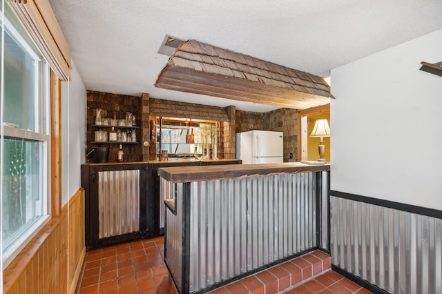 8685 79th St NW, Corinna Twp, MN 55302 - indoor wet bar with freestanding refrigerator, radiator, tile patterned floors, wood walls, and a textured ceiling