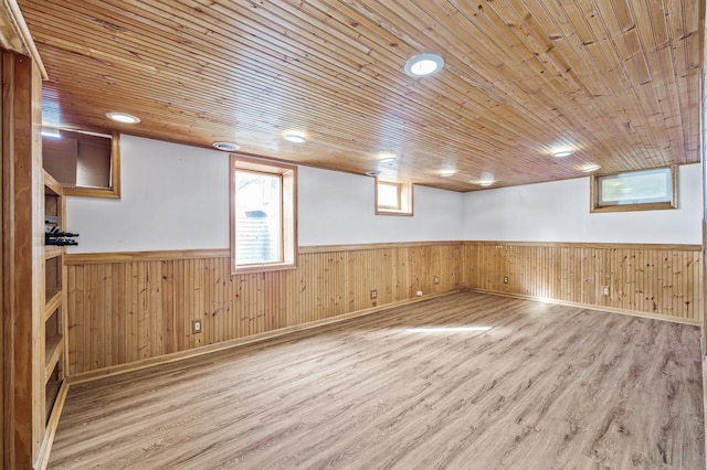 basement with a wainscoted wall, wood ceiling, and wood finished floors