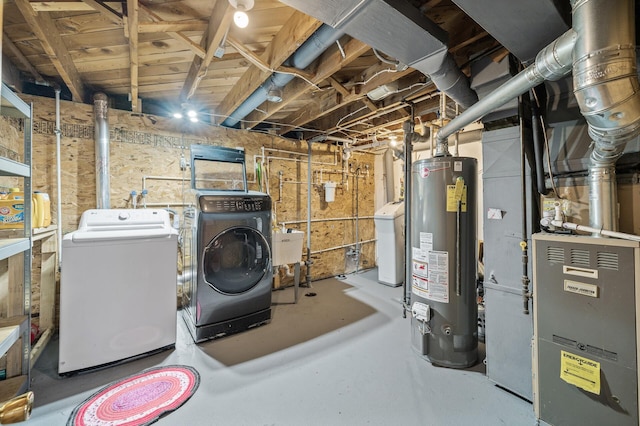 unfinished basement featuring washer and dryer, heating unit, water heater, and a sink