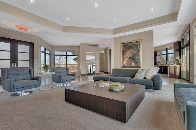 living room with a healthy amount of sunlight, a tray ceiling, and light carpet