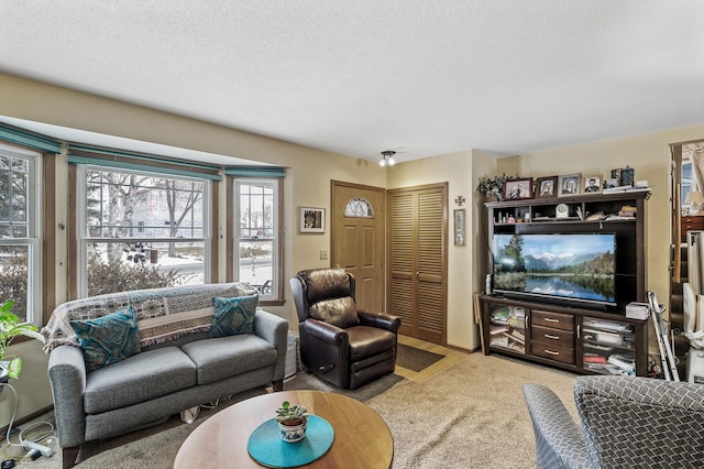 living room featuring light carpet and a textured ceiling