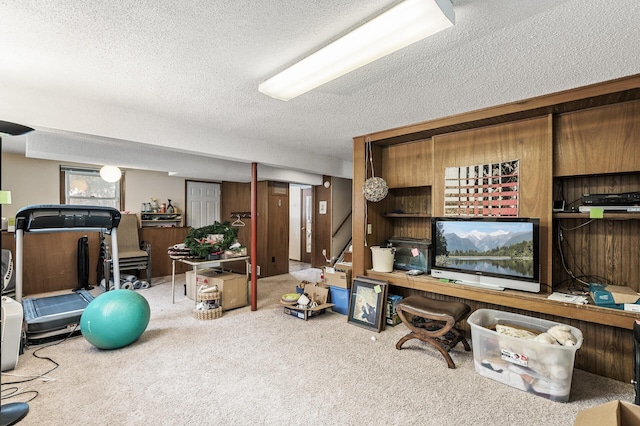 office space with wooden walls, a textured ceiling, and carpet flooring