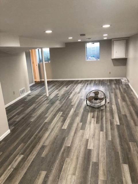 basement with dark hardwood / wood-style flooring