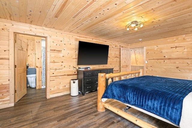 bedroom featuring dark hardwood / wood-style flooring, wood ceiling, and wooden walls