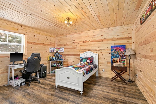 bedroom with wood ceiling, dark hardwood / wood-style flooring, and wood walls