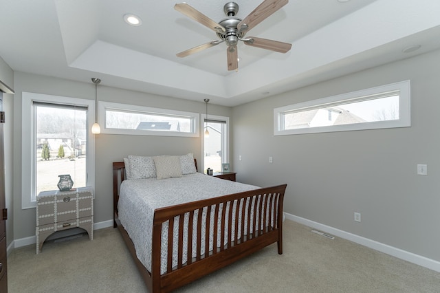 bedroom featuring carpet flooring, a raised ceiling, and baseboards