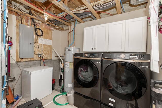 laundry area featuring cabinet space, electric panel, separate washer and dryer, and electric water heater