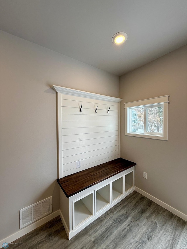 mudroom with wood-type flooring