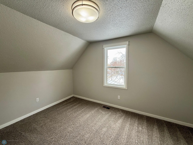 additional living space with vaulted ceiling, a textured ceiling, and carpet flooring