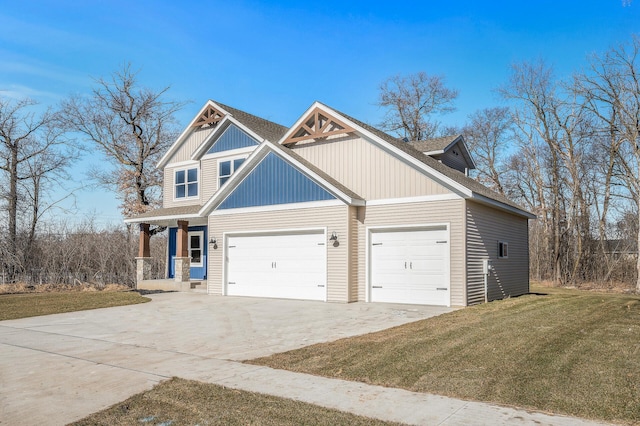 craftsman-style home featuring a porch, a garage, and a front lawn