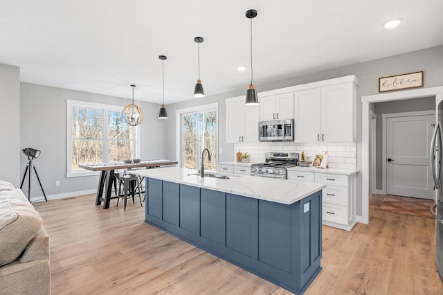 kitchen featuring appliances with stainless steel finishes, sink, a center island with sink, and white cabinets