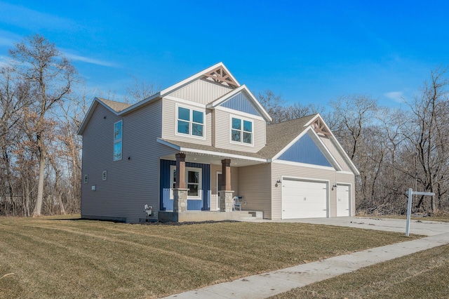 craftsman-style house with a garage, a front yard, and a porch