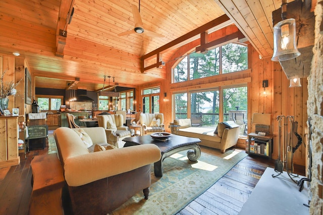 living room with wooden ceiling and dark wood-type flooring