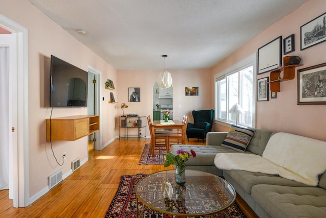 living room featuring light hardwood / wood-style floors and a textured ceiling