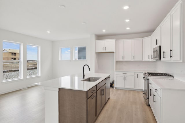 kitchen featuring white cabinetry, appliances with stainless steel finishes, a kitchen island with sink, and sink