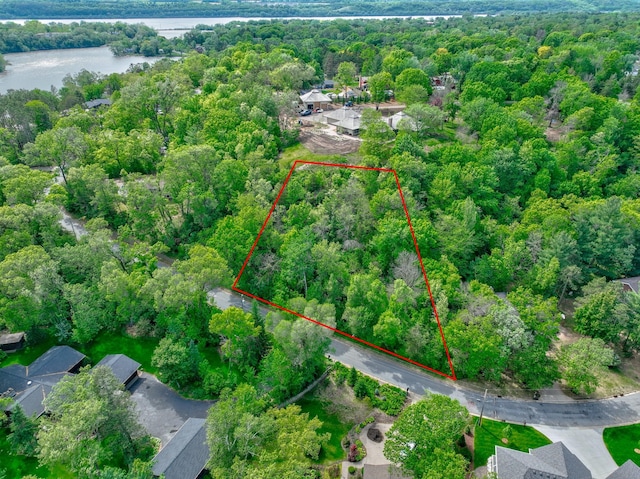 aerial overview of property's location with a nearby body of water, property boundaries highlighted, and a forest