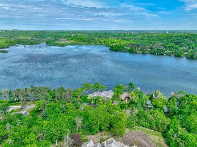 view of property location featuring a large body of water and a heavily wooded area