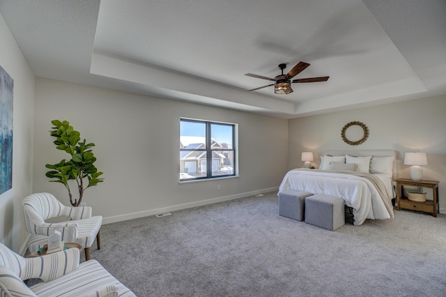 1205 Riverside Dr N, North Hudson, WI 54016 - bedroom with a tray ceiling, carpet, baseboards, and a ceiling fan