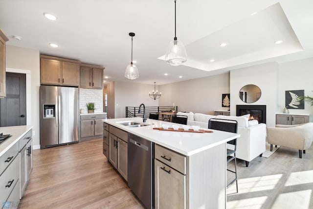 kitchen featuring appliances with stainless steel finishes, decorative light fixtures, sink, a kitchen island with sink, and light wood-type flooring