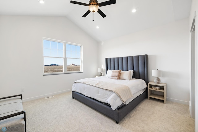 carpeted bedroom featuring visible vents, baseboards, recessed lighting, and vaulted ceiling
