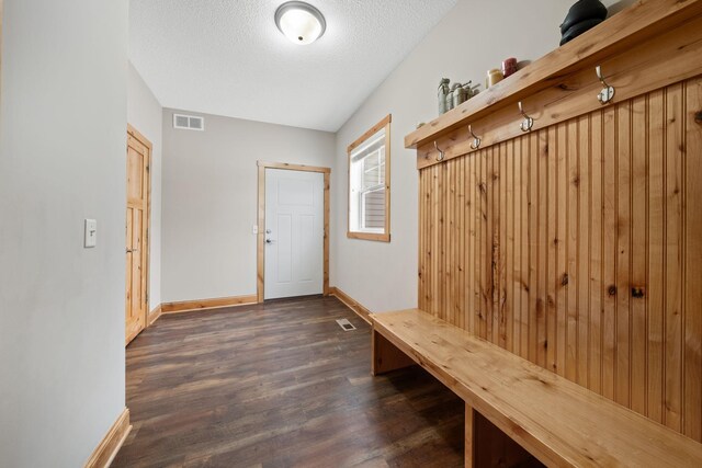 mudroom with dark hardwood / wood-style floors and a textured ceiling