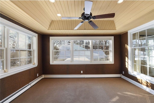 unfurnished sunroom featuring ceiling fan, a baseboard heating unit, and wood ceiling