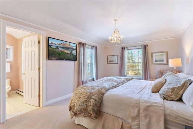 bedroom with ensuite bathroom, ornamental molding, a baseboard heating unit, light colored carpet, and an inviting chandelier