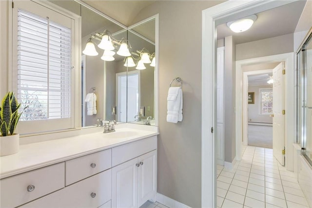 bathroom with vanity, a shower with door, tile patterned flooring, and a baseboard heating unit