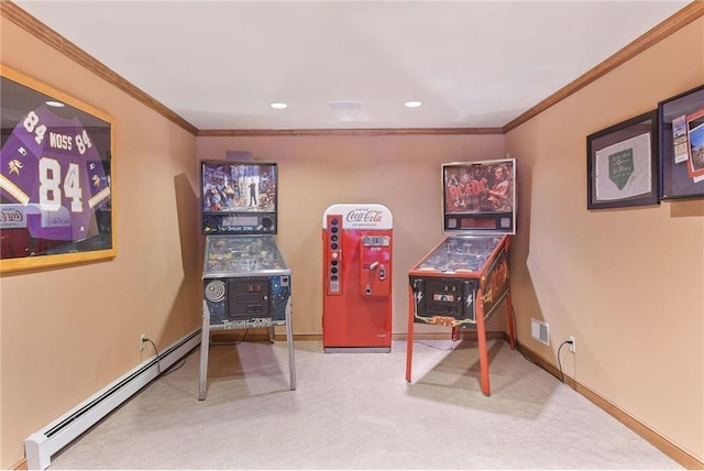 game room with a baseboard heating unit, crown molding, and carpet floors