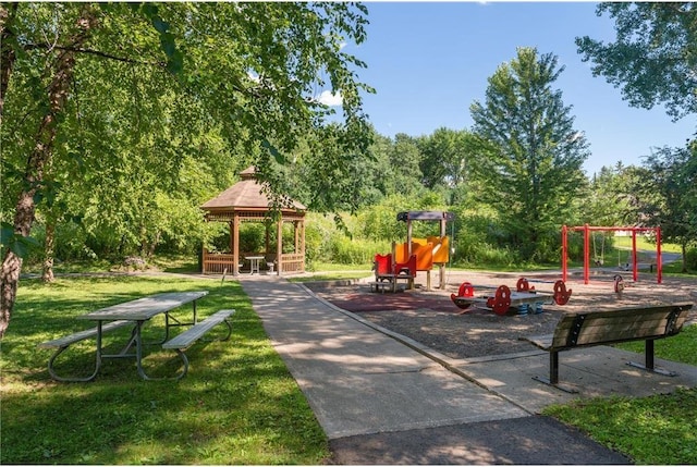 view of jungle gym with a gazebo and a yard