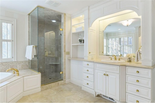 full bathroom featuring a garden tub, visible vents, a shower stall, vanity, and ornamental molding