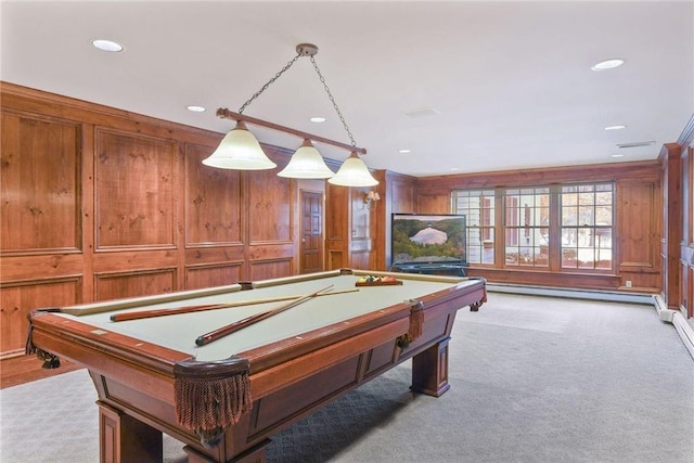 rec room with recessed lighting, billiards, and a baseboard radiator