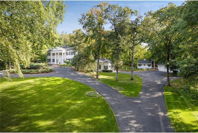 view of property's community featuring aphalt driveway and a yard