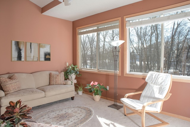 living room with baseboards and carpet floors