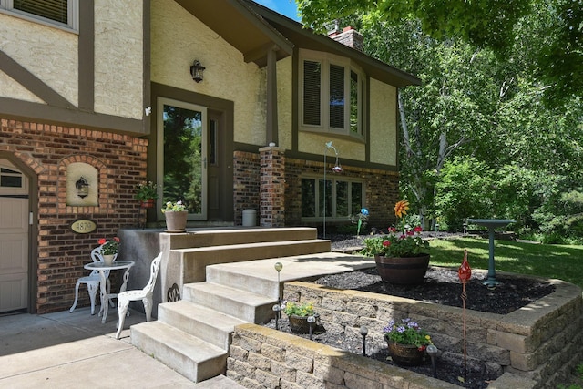 4879 Mayelin Ave NE, Saint Michael, MN 55376 - property entrance featuring stucco siding, brick siding, and a chimney