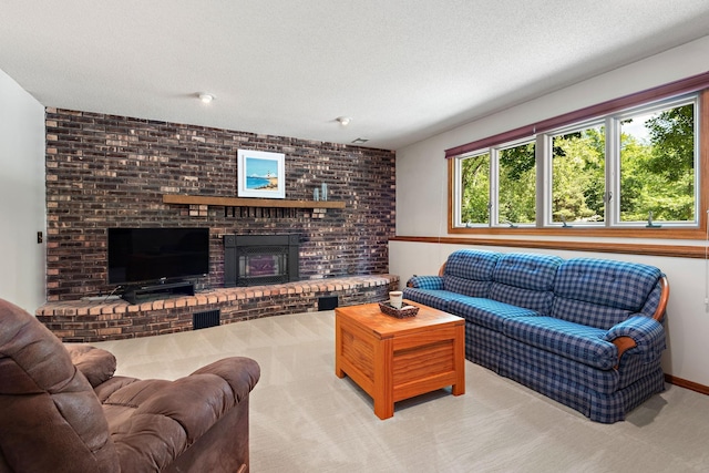4879 Mayelin Ave NE, Saint Michael, MN 55376 - living room with light carpet, a brick fireplace, and a textured ceiling