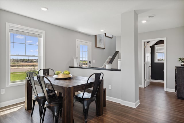 dining area with dark hardwood / wood-style floors and a wealth of natural light