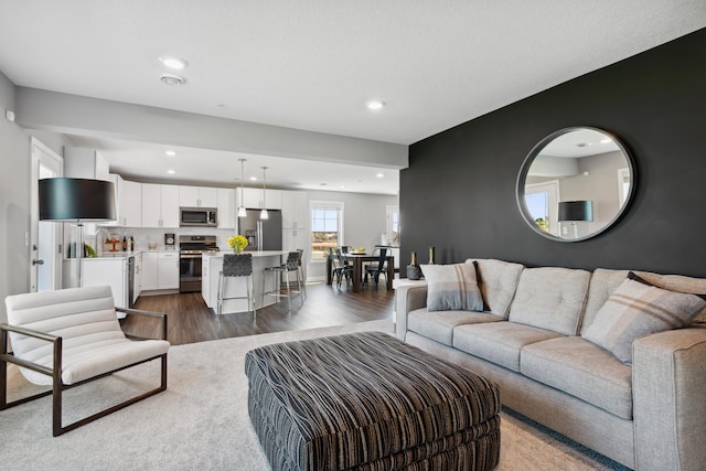 living room with sink and dark hardwood / wood-style floors