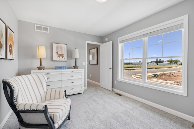 sitting room with light colored carpet