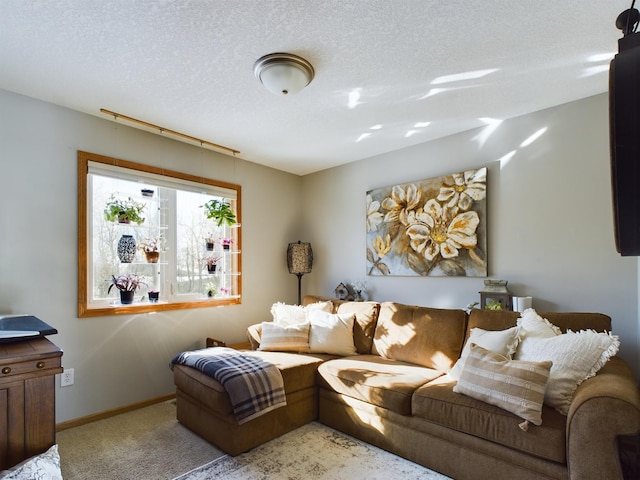 living area with light carpet, a textured ceiling, and baseboards