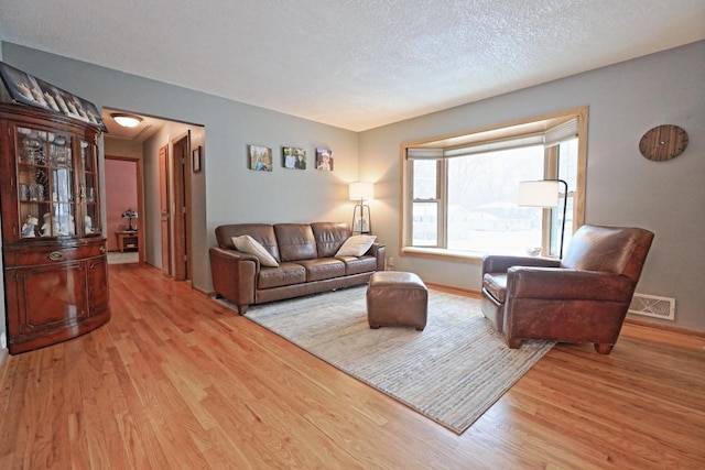 living room with light hardwood / wood-style flooring and a textured ceiling