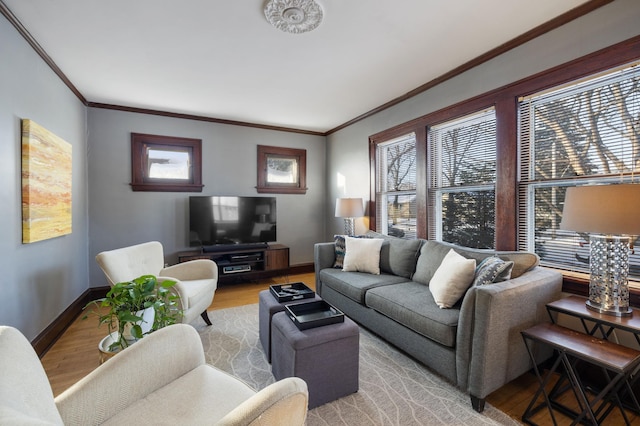 living room featuring ornamental molding and light hardwood / wood-style floors