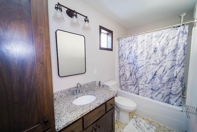 full bathroom with vanity, shower / bath combination with curtain, and toilet