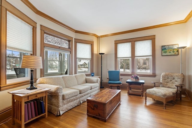 living room with crown molding, hardwood / wood-style floors, and a wealth of natural light