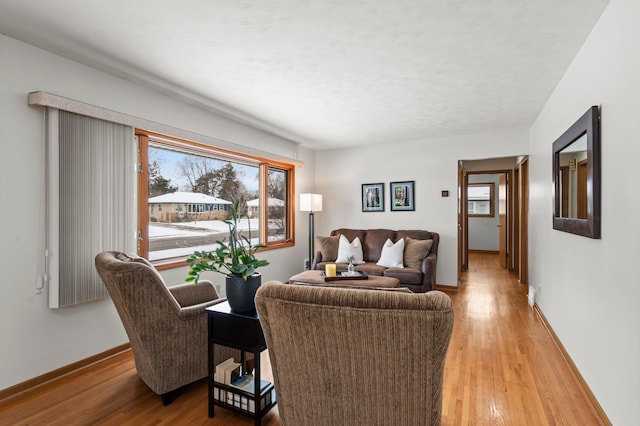 living room with hardwood / wood-style flooring and a textured ceiling