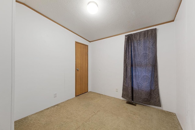 carpeted empty room featuring ornamental molding, lofted ceiling, and a textured ceiling